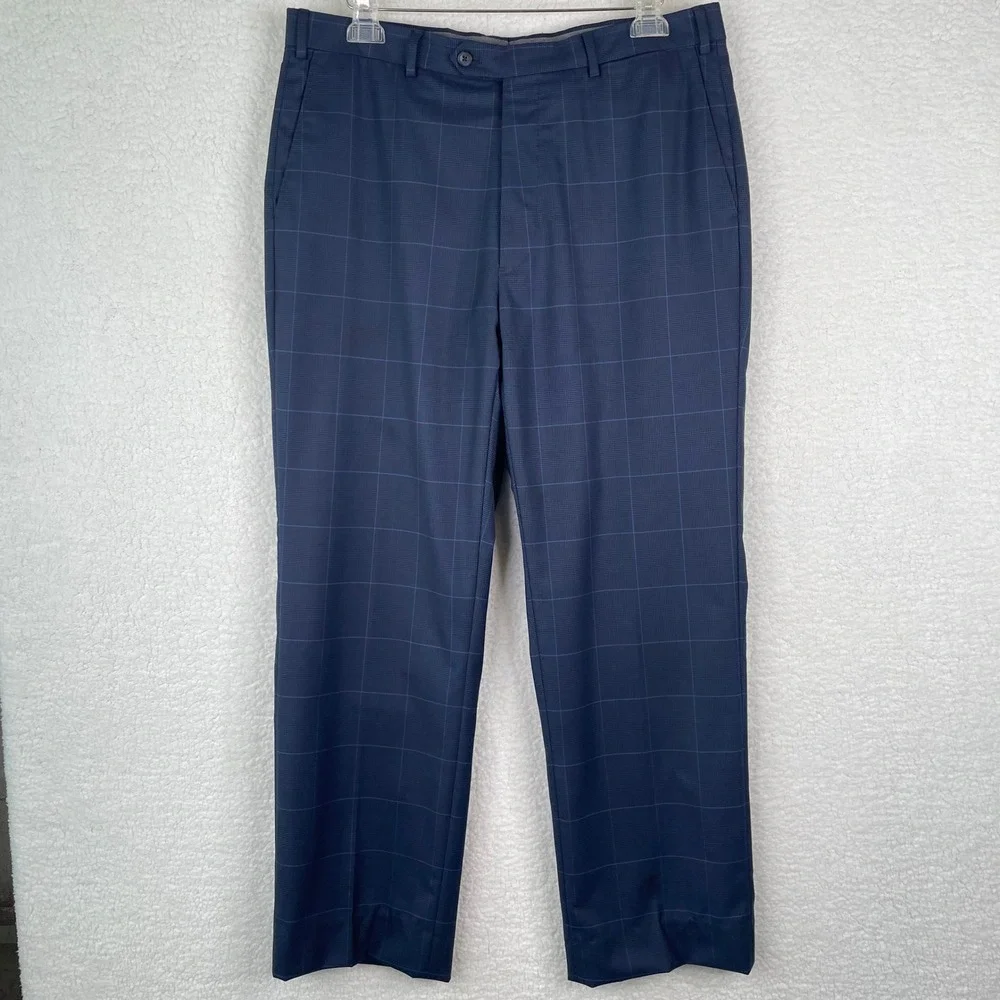 J Hilburn Mens Blue Glen Plaid Wool Dress Pants Vitale Barberis Canonico 35x29.5
